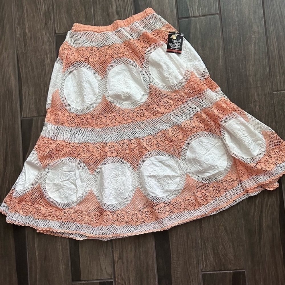 NWT VTG Lim’s Shanghai Hand Crocheted Knitted Doily Skirt Peach White